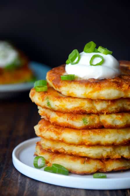 Cheesy Leftover Mashed Potato Pancakes from justataste.com #recipe