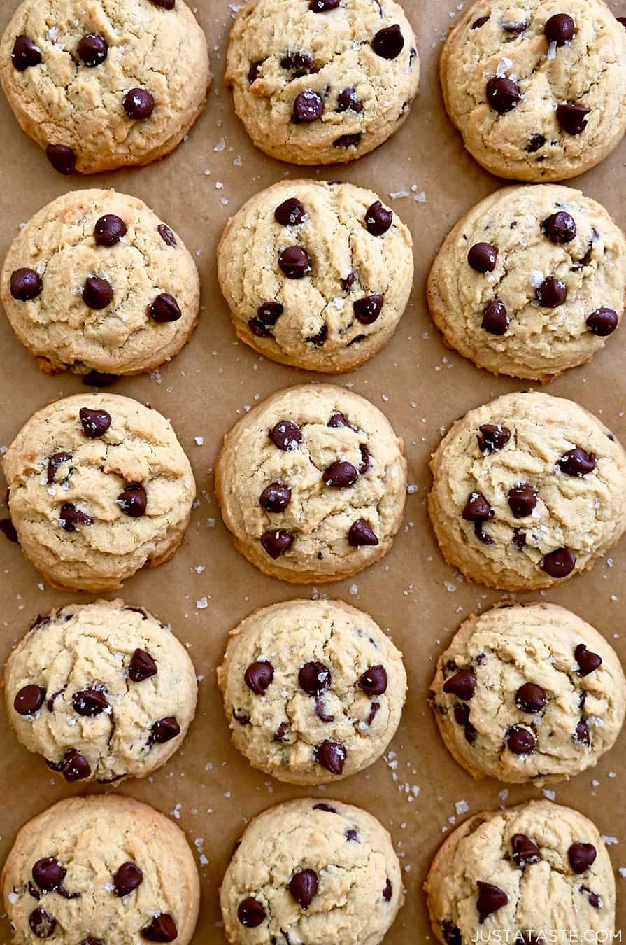 A top-down view of High Altitude Chocolate Chip Cookies topped with sea salt