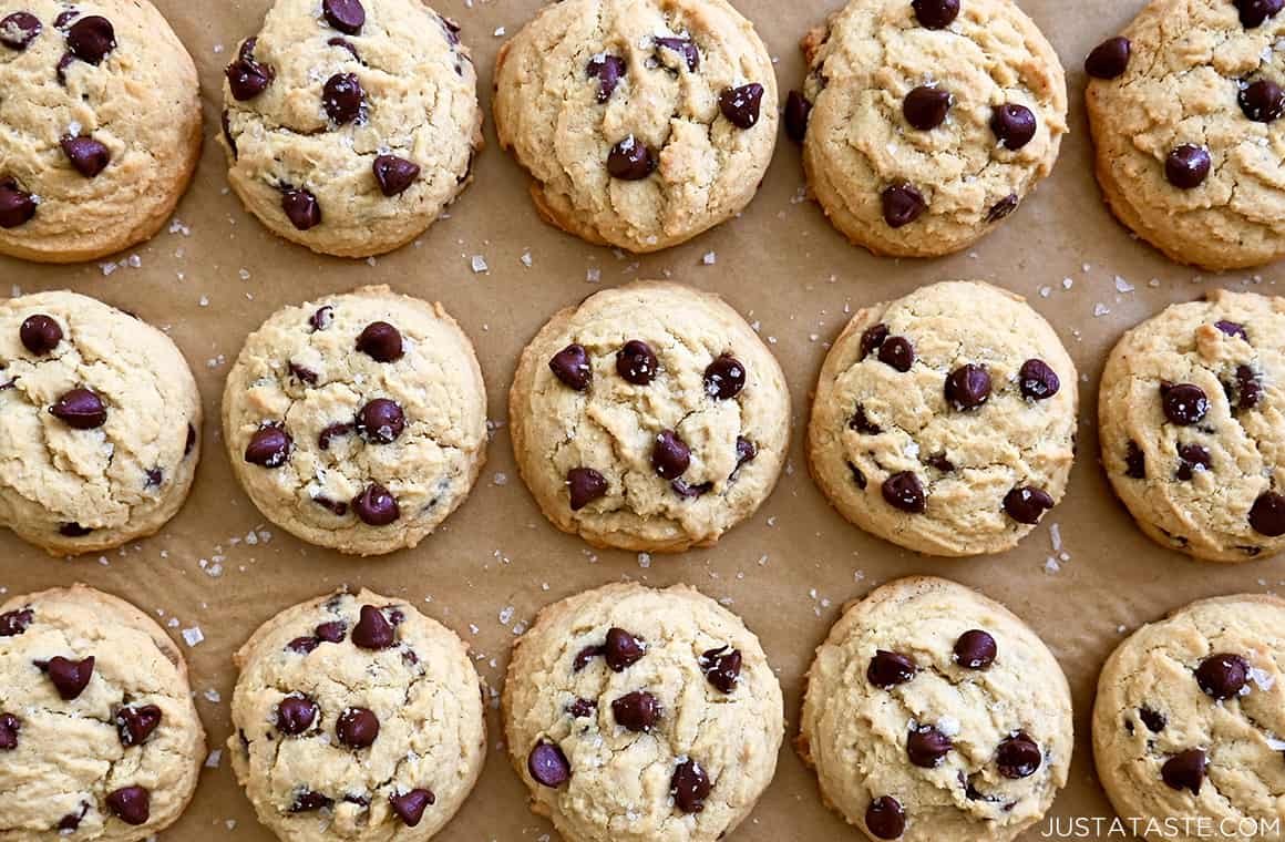 A top-down view of the best High Altitude Cookies studded with chocolate chips