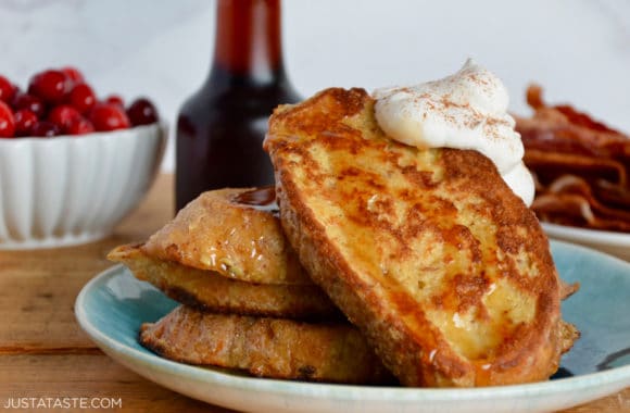 Homemade Eggnog French Toast topped with whipped cream