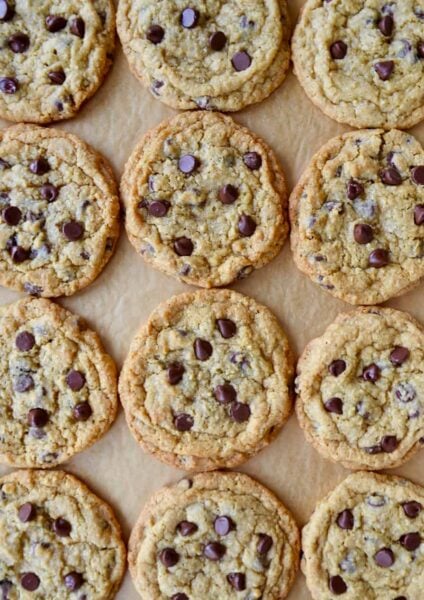 Top down view of Blended Oatmeal Chocolate Chip Cookies on parchment paper