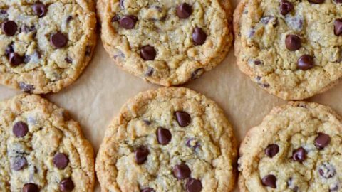 Top down view of Blended Oatmeal Chocolate Chip Cookies on parchment paper
