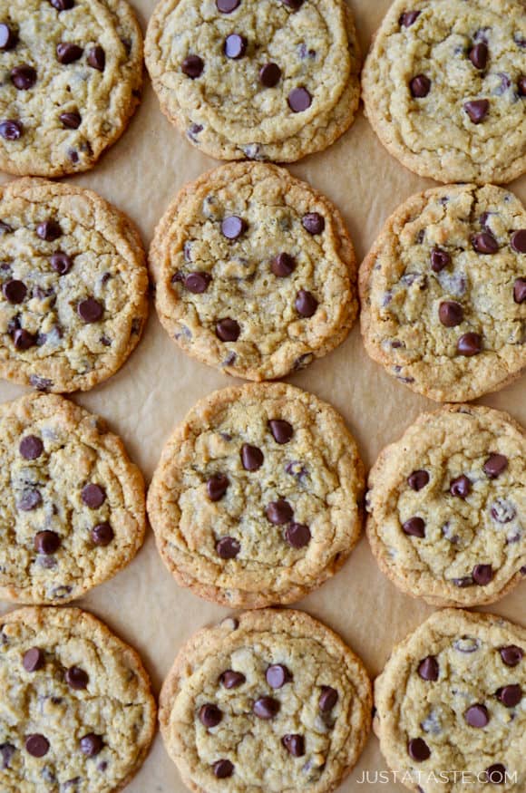 Top down view of Blended Oatmeal Chocolate Chip Cookies on parchment paper