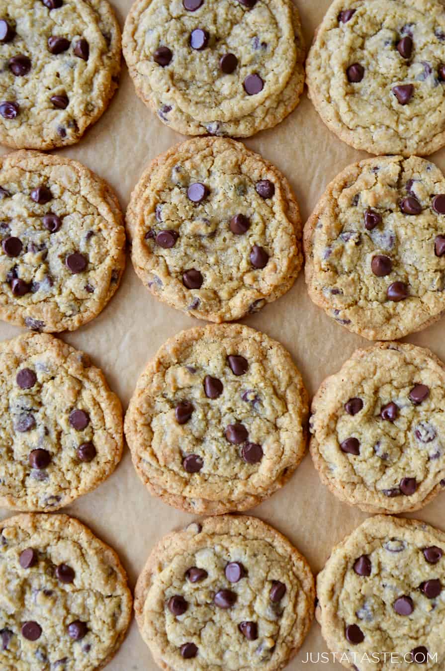 Top down view of Blended Oatmeal Chocolate Chip Cookies on parchment paper 