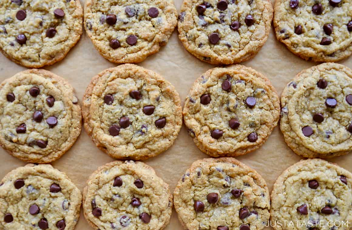 Rows of Blended Oatmeal Chocolate Chip Cookies on brown parchment paper