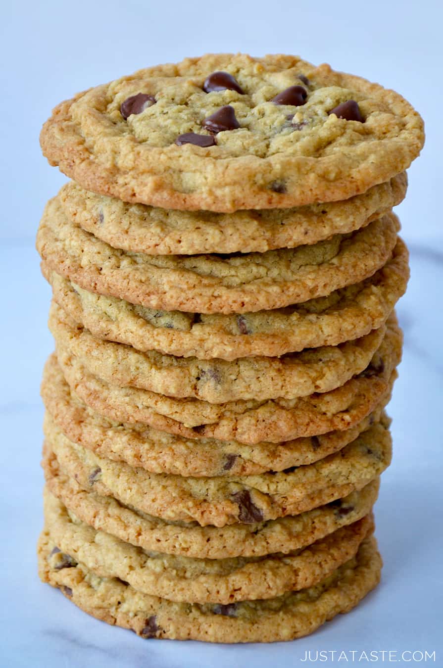 Tall stack of Blended Oatmeal Chocolate Chip Cookies