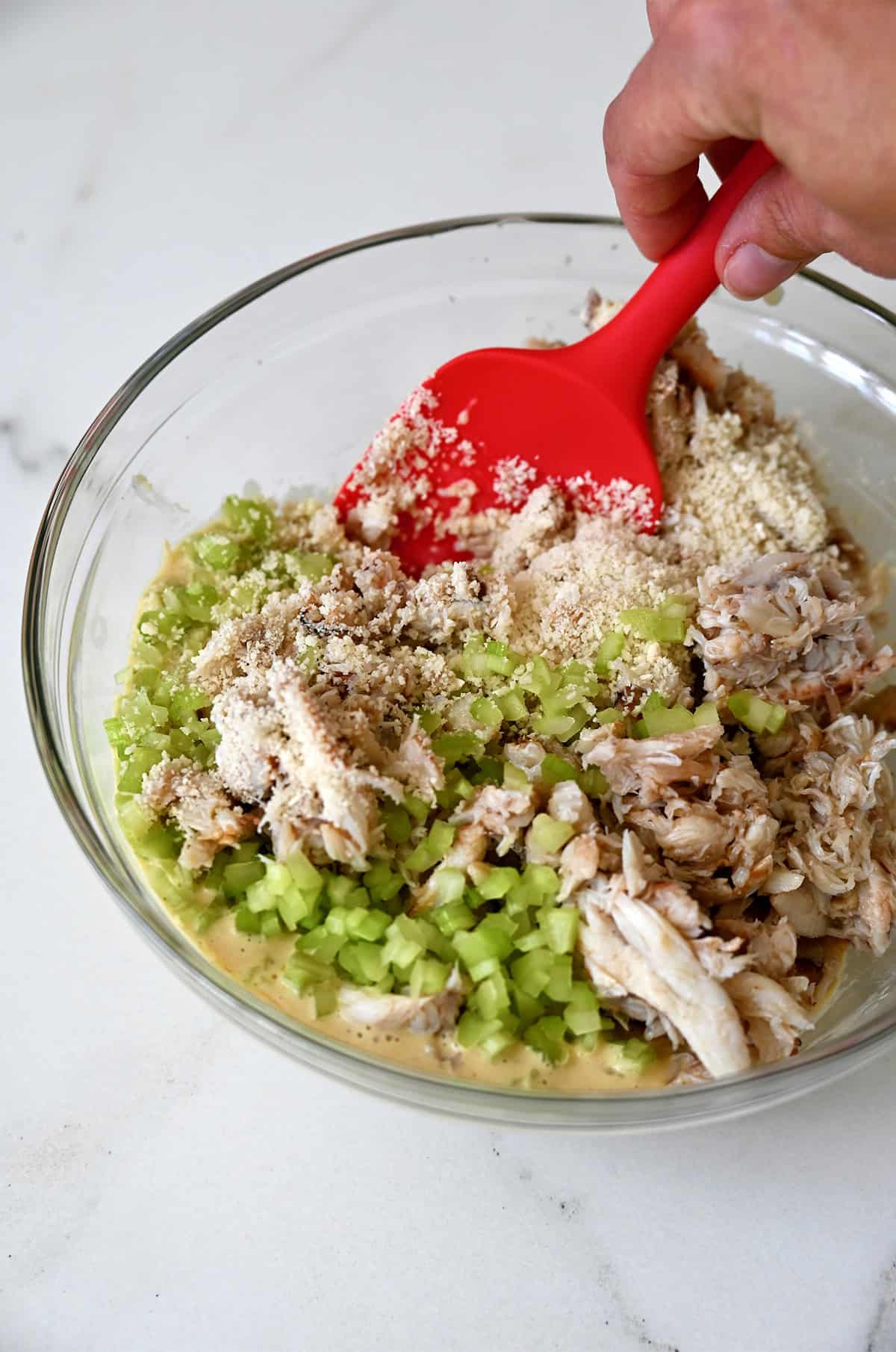Lump crab meat along with finely chopped celery and Panko breadcrumbs in a bowl with the wet ingredients to make crab cakes.