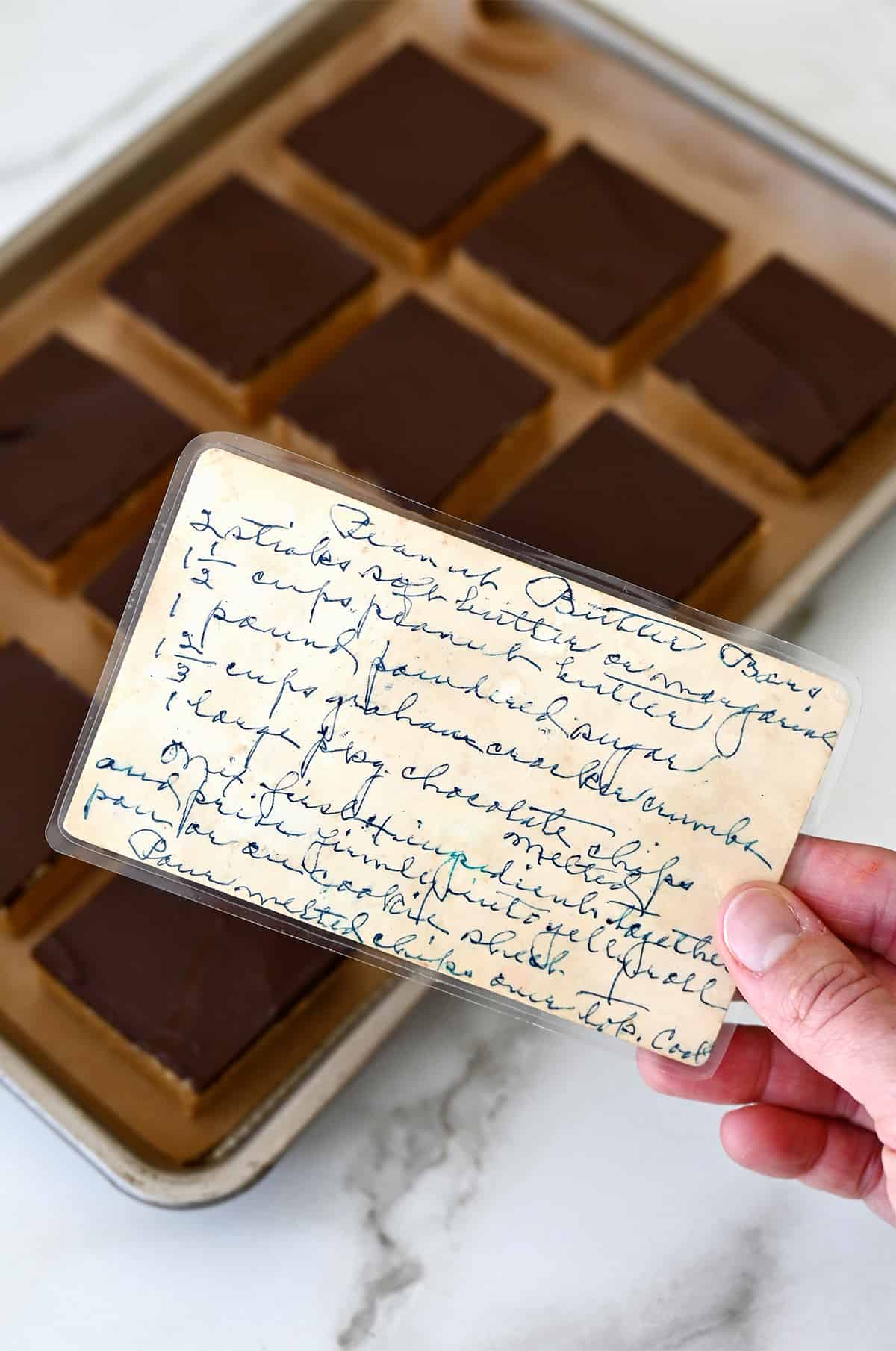 Kelly Senyei's great-grandmother's recipe card for peanut butter bars with melted chocolate.