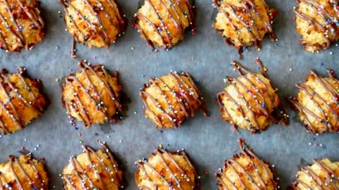 Perfect rows of coconut macaroons drizzled with melted chocolate and topped with rainbow sprinkles.