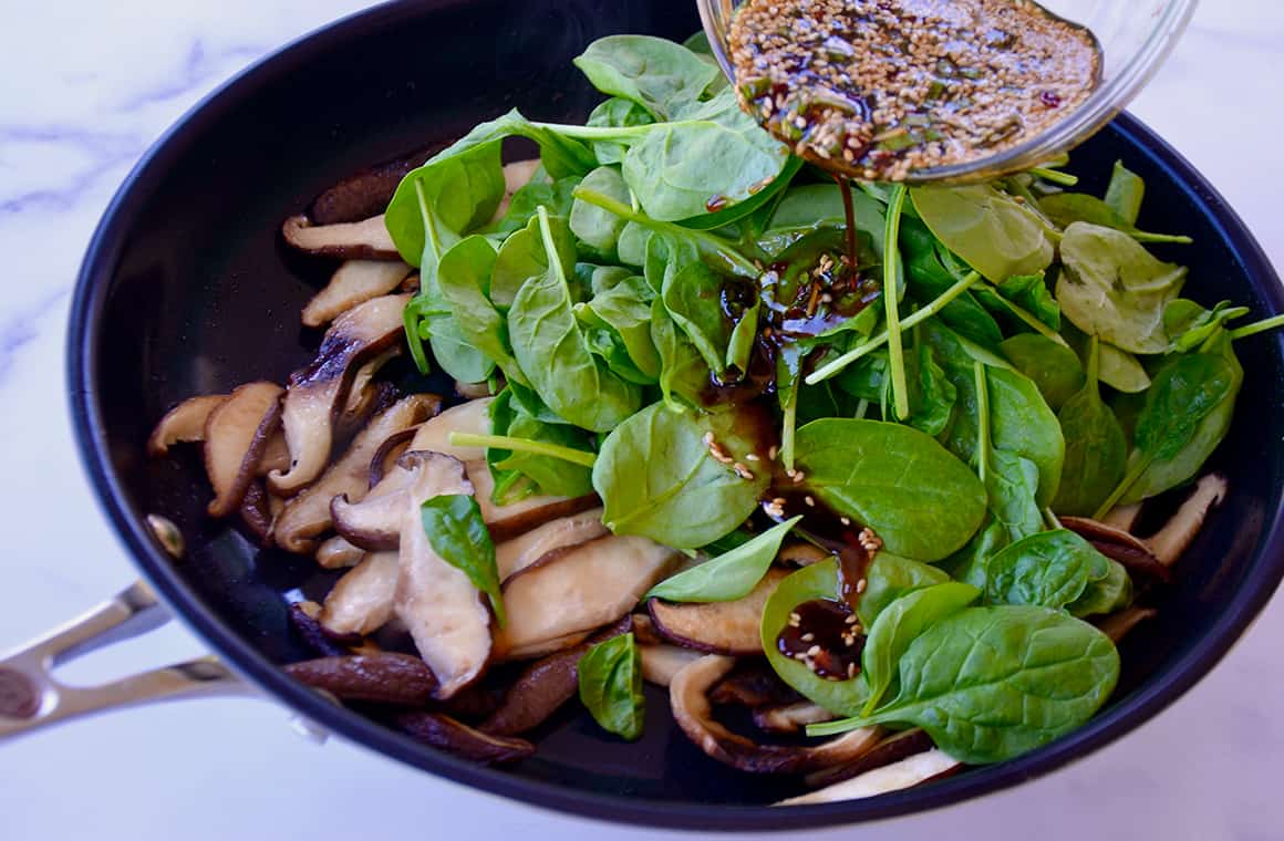 Sautéed Mushrooms and Spinach with Spicy Garlic Sauce - Just a Taste