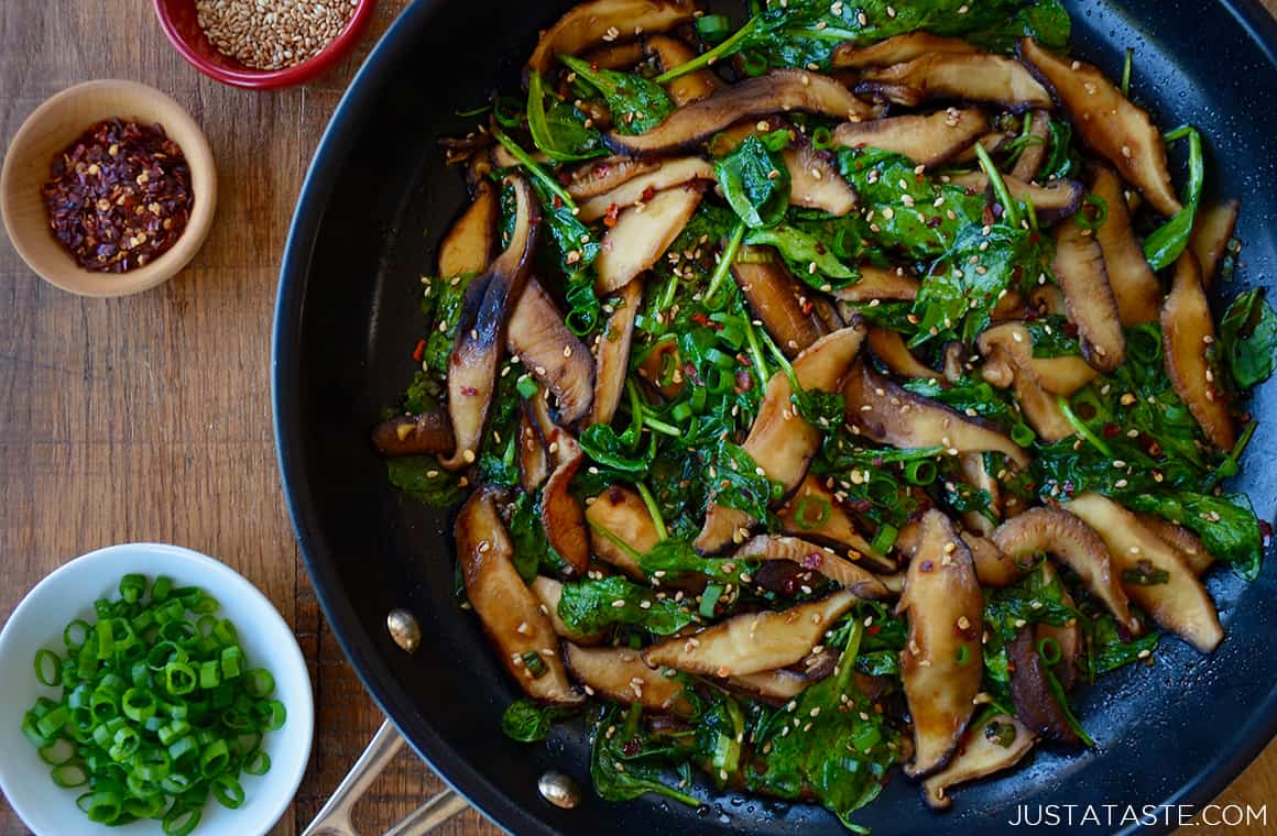 Sautéed Mushrooms and Spinach with Spicy Garlic Sauce Just a Taste