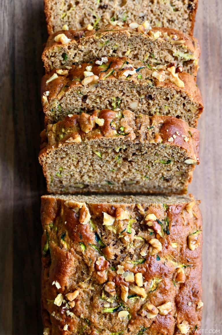 Healthy whole wheat zucchini bread with chopped walnuts.