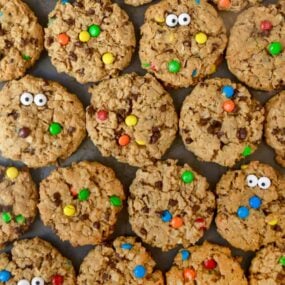 Monster Cookies studded with mini chocolate chips and M&Ms
