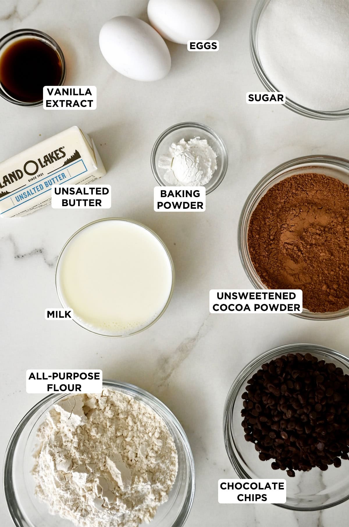 Ingredients to make a chocolate loaf cake.