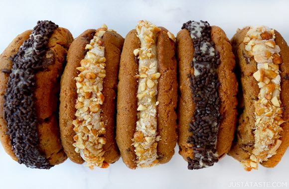 A top-down close-up view of peanut butter and banana ice cream sandwiches