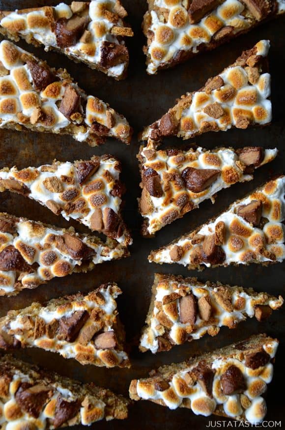 An overhead shot of sliced S'mores Bars topped with peanut butter cups