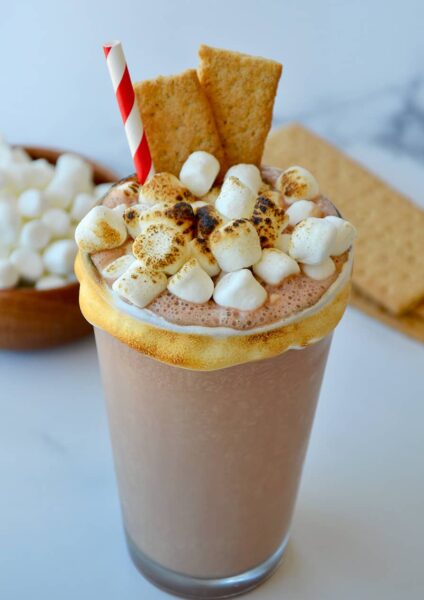 S'Mores Milkshake with toasted mini marshmallows and graham cracker garnish