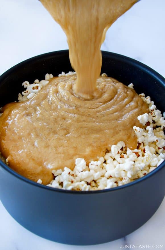 Homemade caramel over freshly popped popcorn