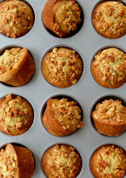 Muffin pan containing freshly baked Banana Granola Muffins