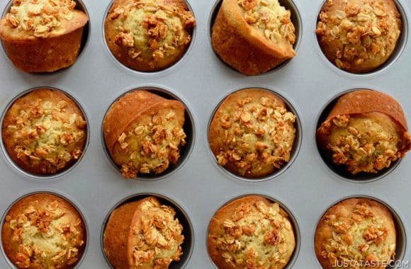 Top down view of homemade Banana Granola Muffins in muffin pan