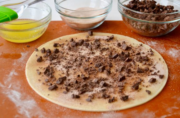 Rugelach dough with chocolate, cinnamon-sugar filling