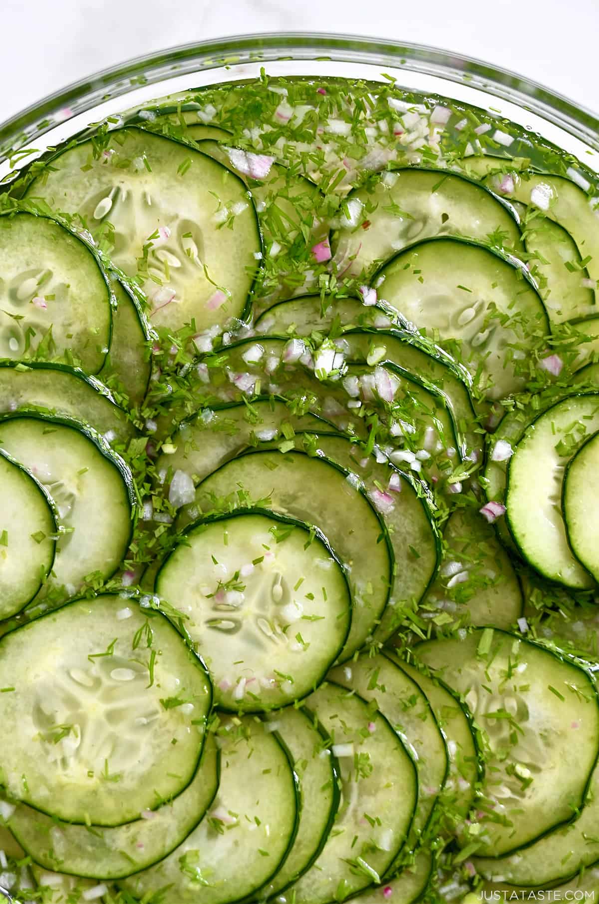 A close-up view of cucumber salad with fresh dill and diced shallots.