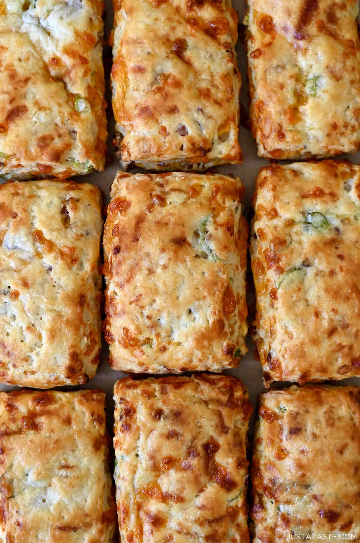 Golden brown bacon-cheddar biscuits with scallions.