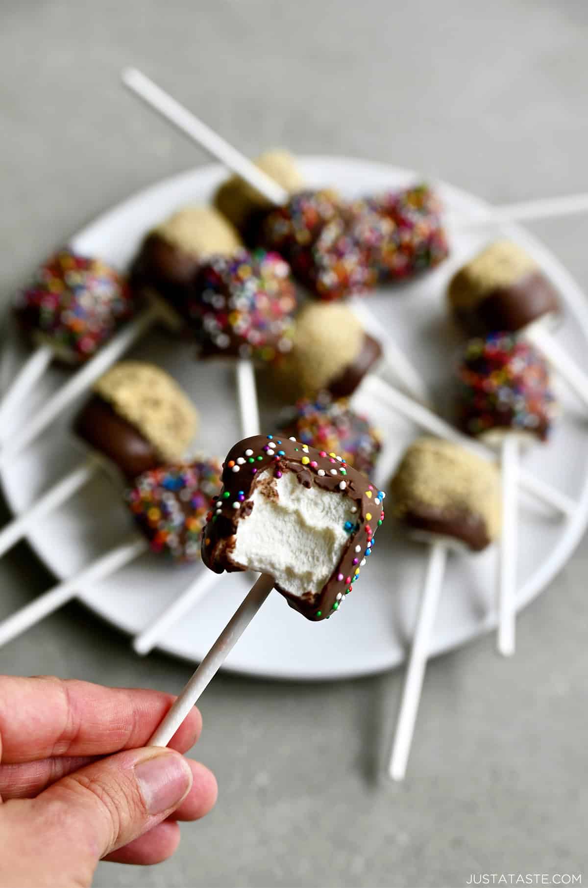 A chocolate-dipped marshmallow pop with a bite taken out of it.
