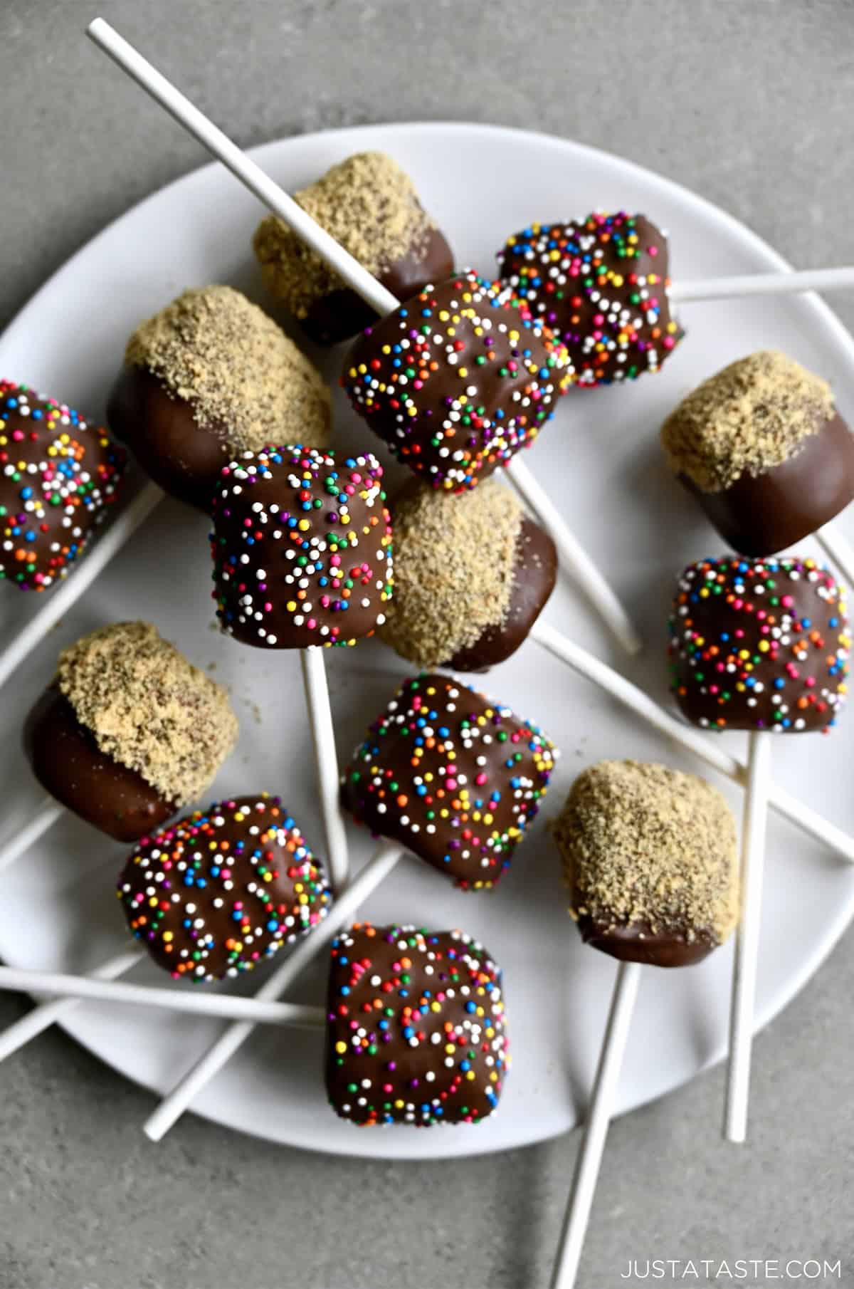 Chocolate-covered marshmallows on a stick on a serving plate. Half of the chocolate dipped marshmallows have rainbow sprinkles and half are coated in crushed nuts.