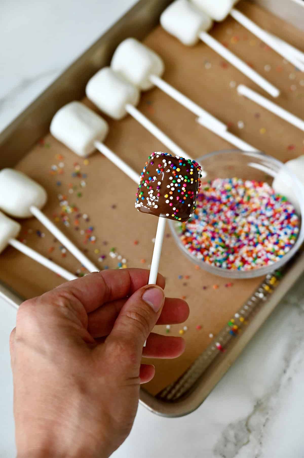 Chocolate coated marshmallow with rainbow sprinkles.