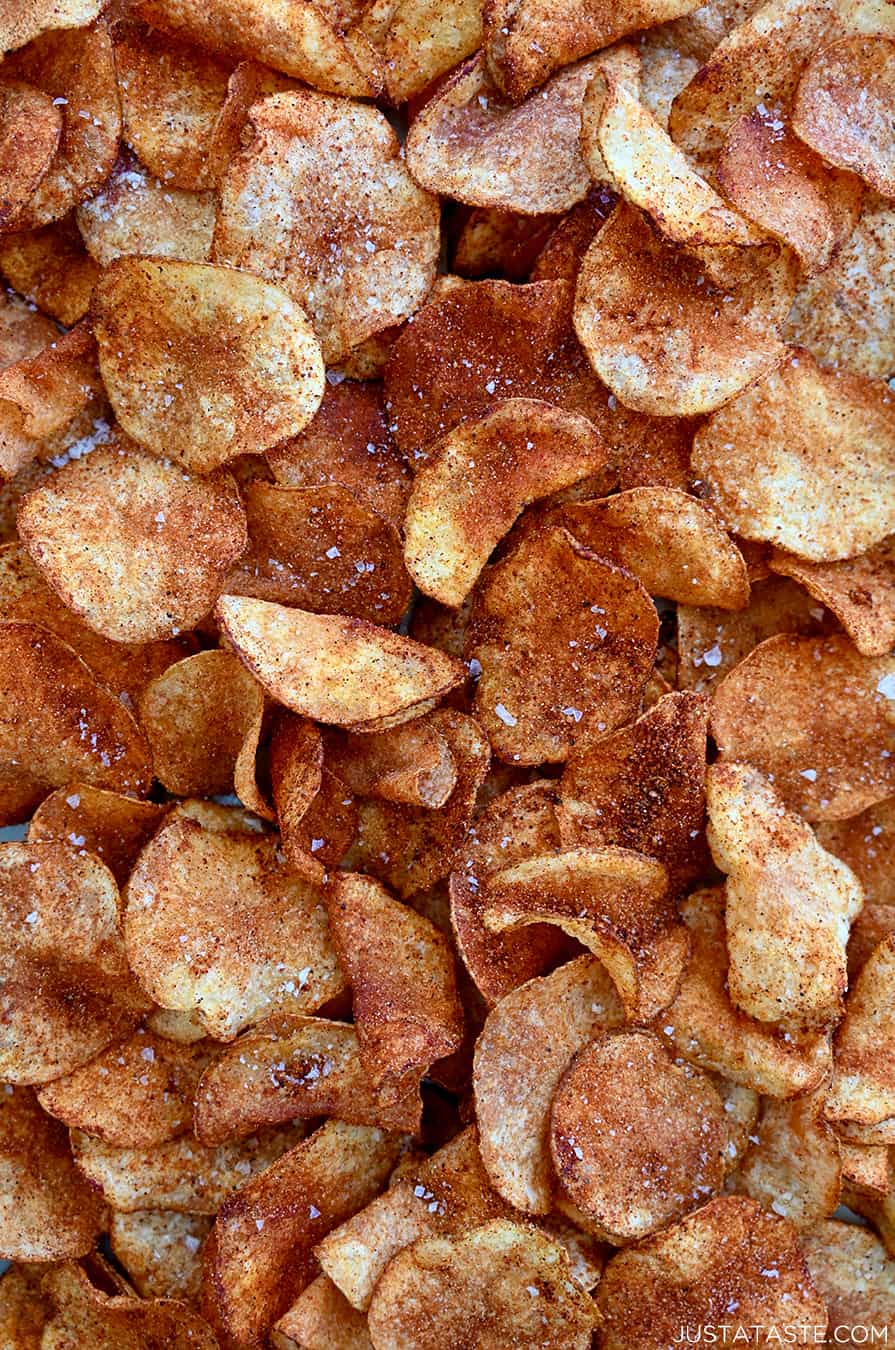 A close-up view of the best bbq potato chips with sea salt