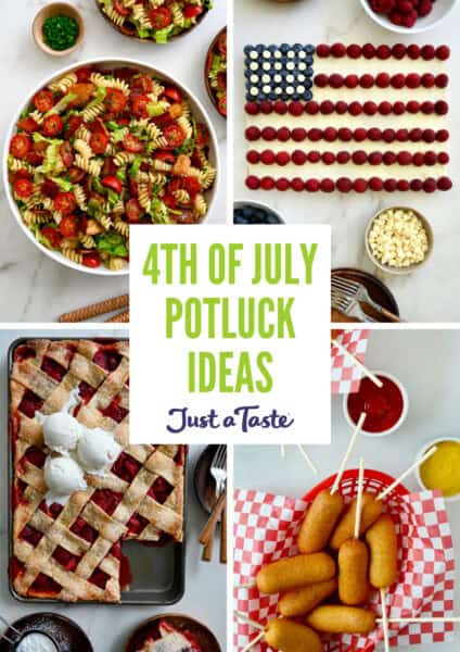 A collage of images for a recipe roundup about Fourth of July Potluck Ideas.