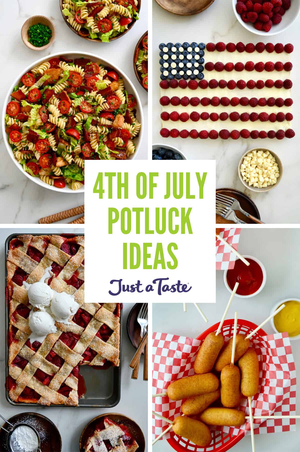 A collage of images for a recipe roundup about Fourth of July Potluck Ideas.