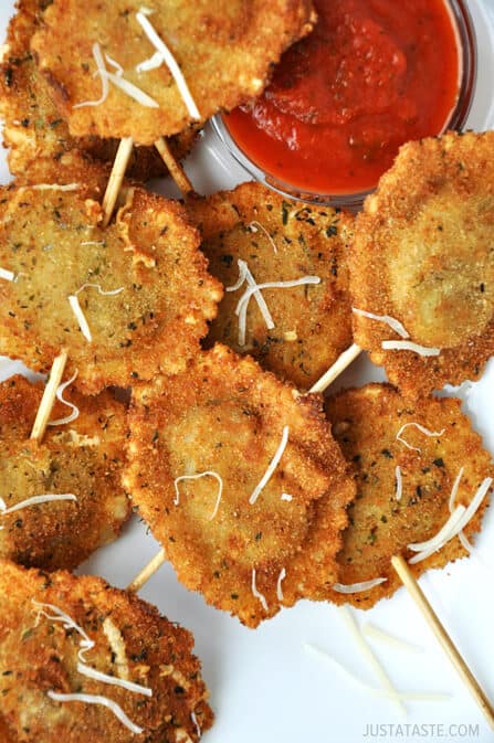 Deep-Fried Ravioli On a Stick from justataste.com #recipe Deep-Fried Ravioli On a Stick from justataste.com #recipe