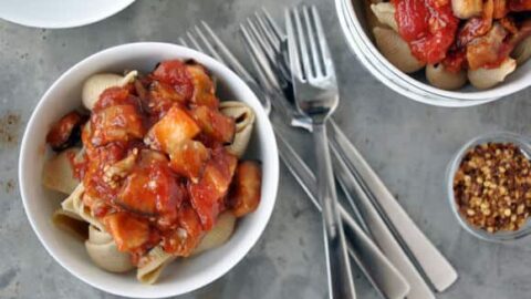 Pasta with Roasted Eggplant Arrabiata Sauce