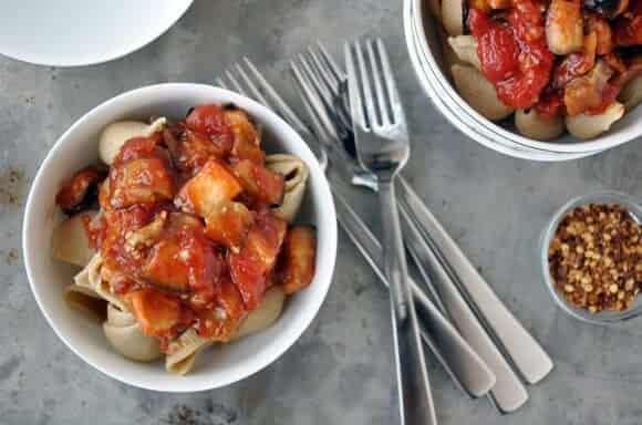 Pasta with Roasted Eggplant Arrabiata Sauce