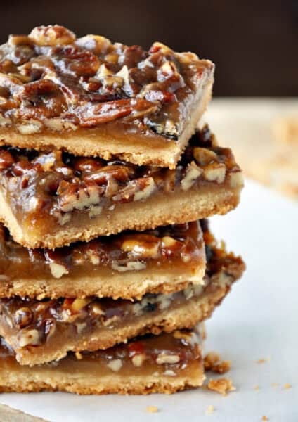 Classic pecan pie bars with buttery shortbread crust and honey pecan filling (original Just a Taste recipe from 2011).
