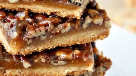 Classic pecan pie bars with buttery shortbread crust and honey pecan filling (original Just a Taste recipe from 2011).