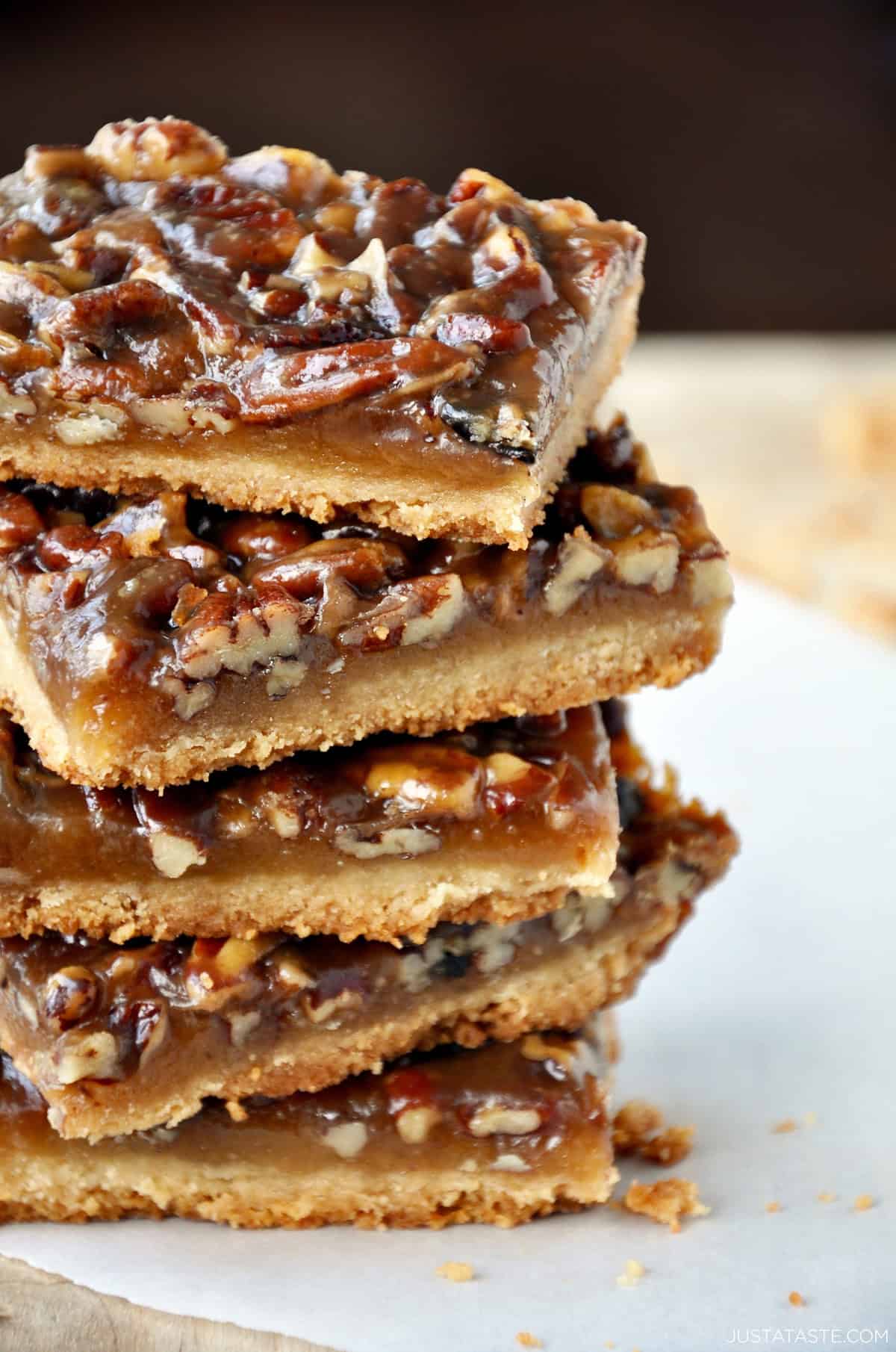 Classic pecan pie bars with buttery shortbread crust and honey pecan filling (original Just a Taste recipe from 2011).