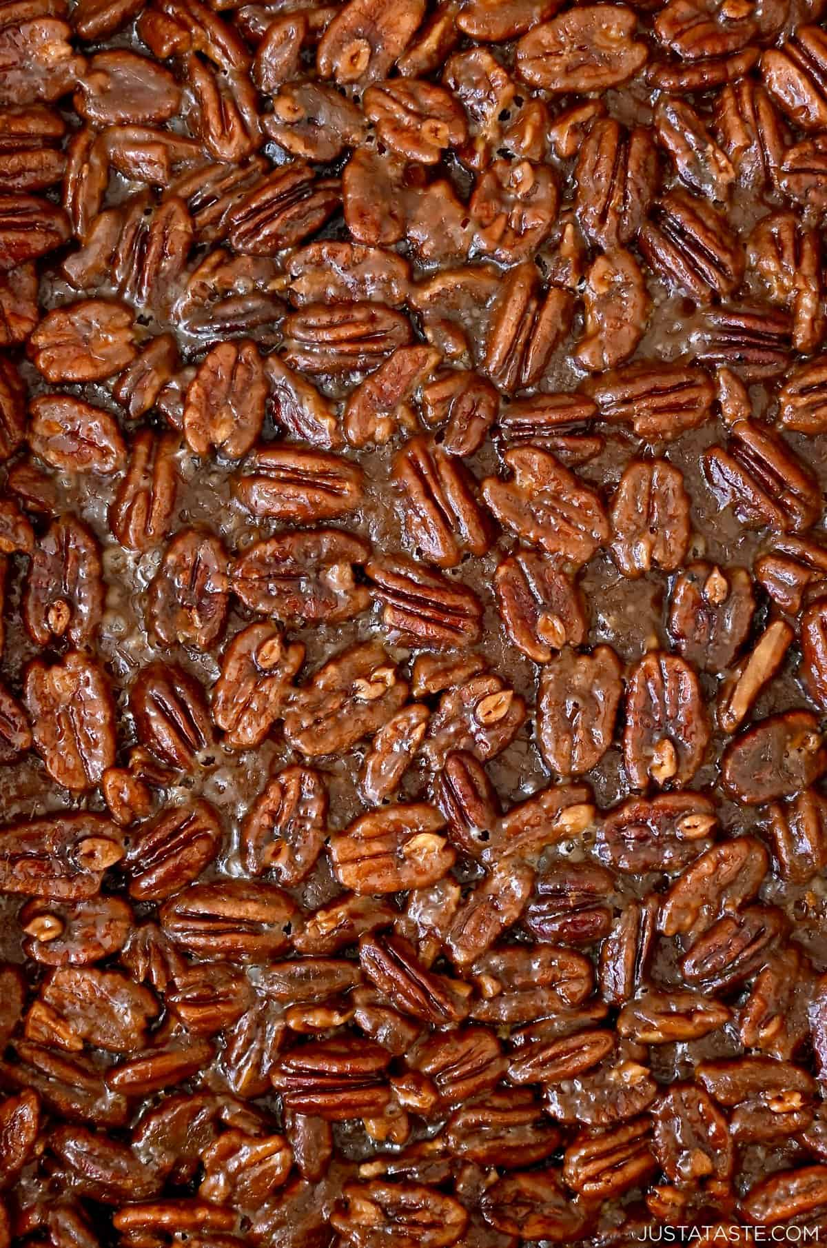 Pecan pie filling made with halved pecans.