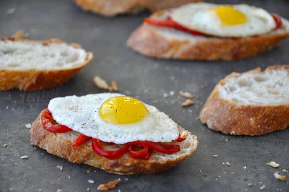 Quail Egg and Roasted Pepper Crostini