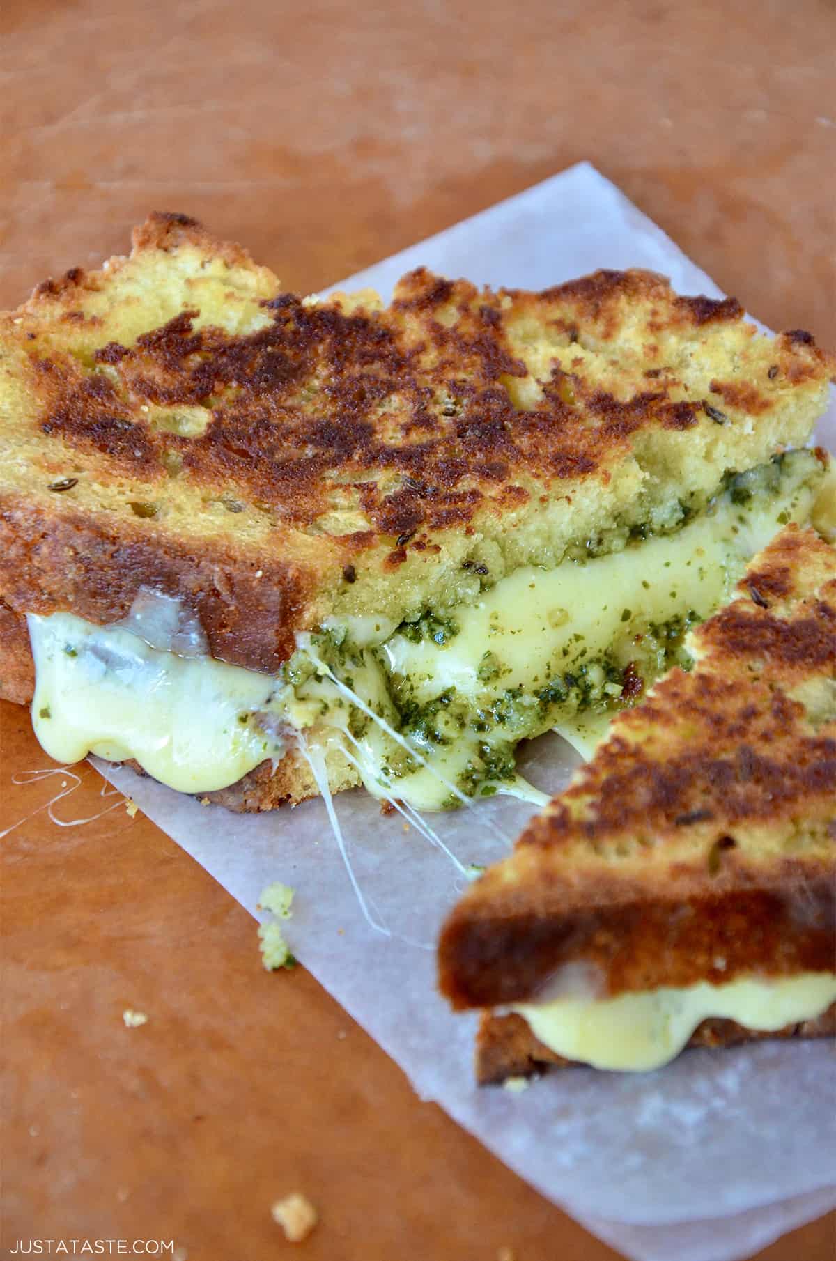 Homemade Irish Soda Bread Grilled Cheese with Pesto.