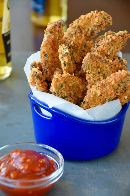 Cheesy Portobello Fries with Spicy Ketchup on justataste.com