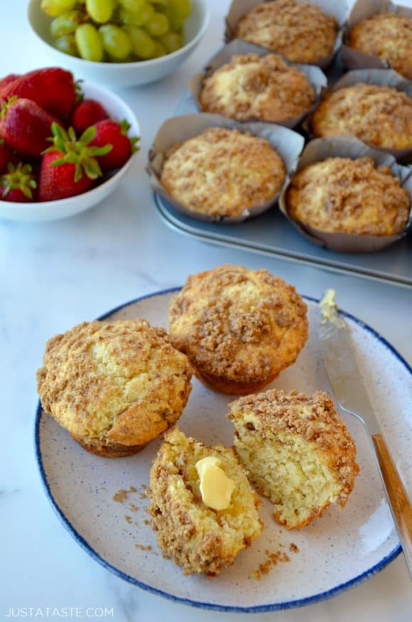 The best Sour Cream Coffee Cake Muffins with Streusel slathered with butter