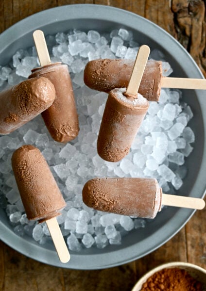 Homemade fudge pops on ice.