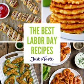 A collage of Labor Day food images, including pigs in a blanket, corn fritters, buffalo shrimp and jalapeño poppers.