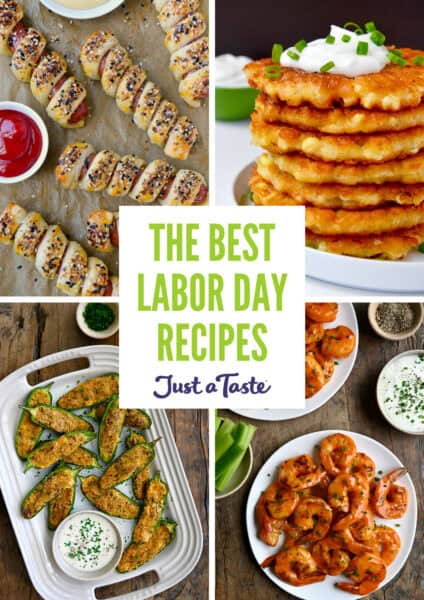 A collage of Labor Day food images, including pigs in a blanket, corn fritters, buffalo shrimp and jalapeño poppers.