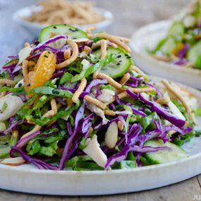 A white plate containing Chinese Chicken Salad