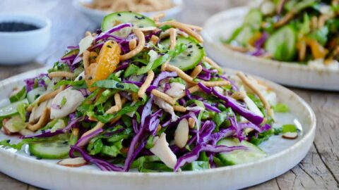 A white plate containing Chinese Chicken Salad