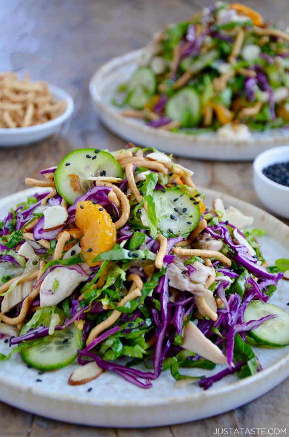 A white plate containing Chinese Chicken Salad ingredients